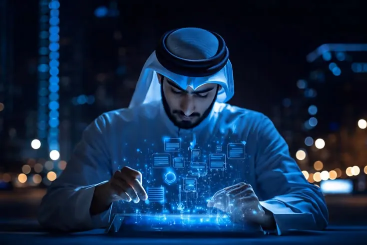 Business consultant reviewing free zone setup documents