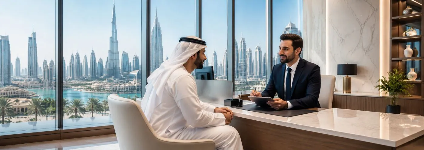 Relationship manager reviewing documents with a client in Dubai