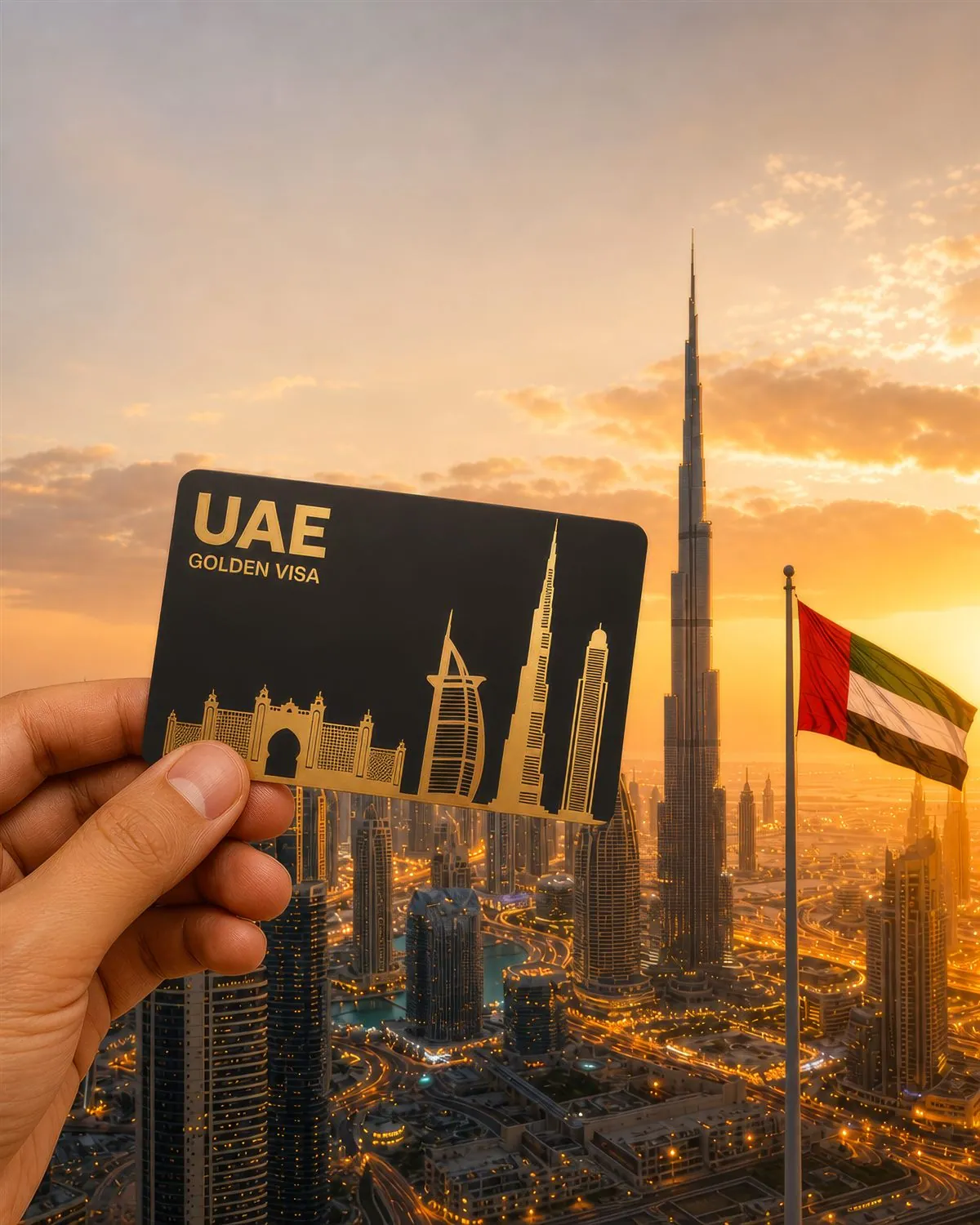 UAE Golden Visa card held against the Dubai skyline