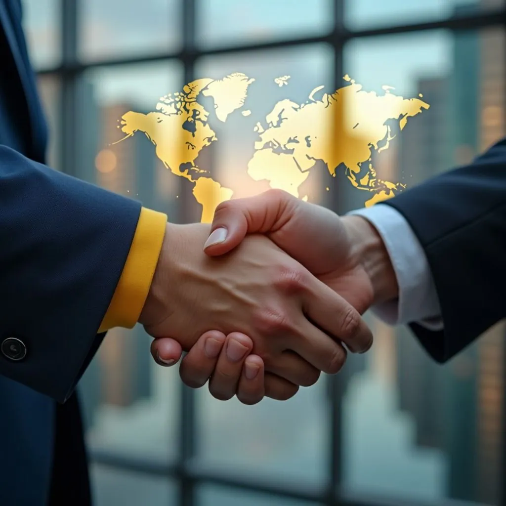 Business partners shaking hands over a global map, symbolising the UAE Golden Visa's international reach