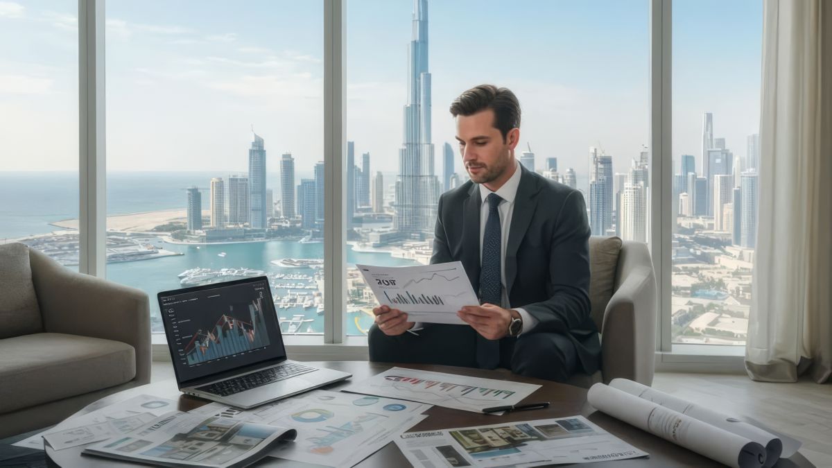 Entrepreneur reviewing business documents in a Dubai office